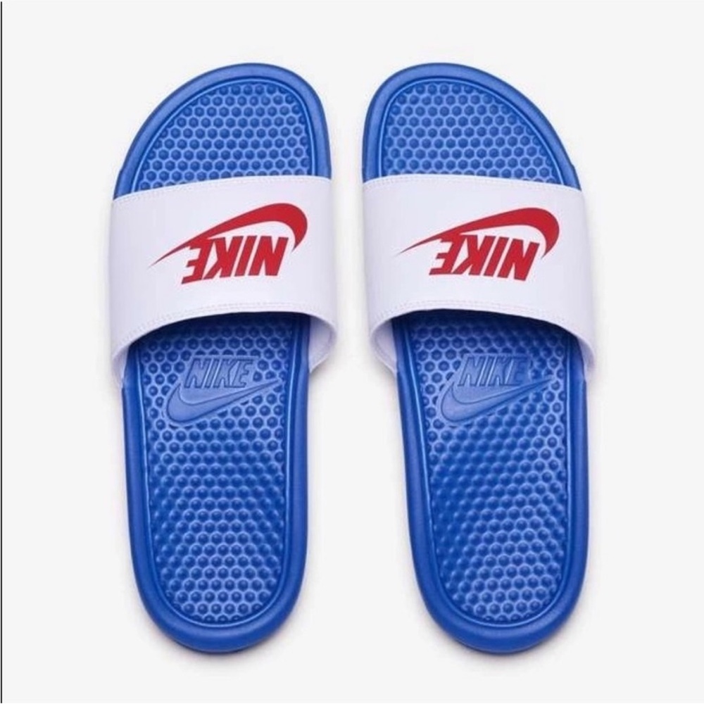 Nike Benassi JDI White and Blue Slides Men’s Size 10 Slippers/Sandals with Box